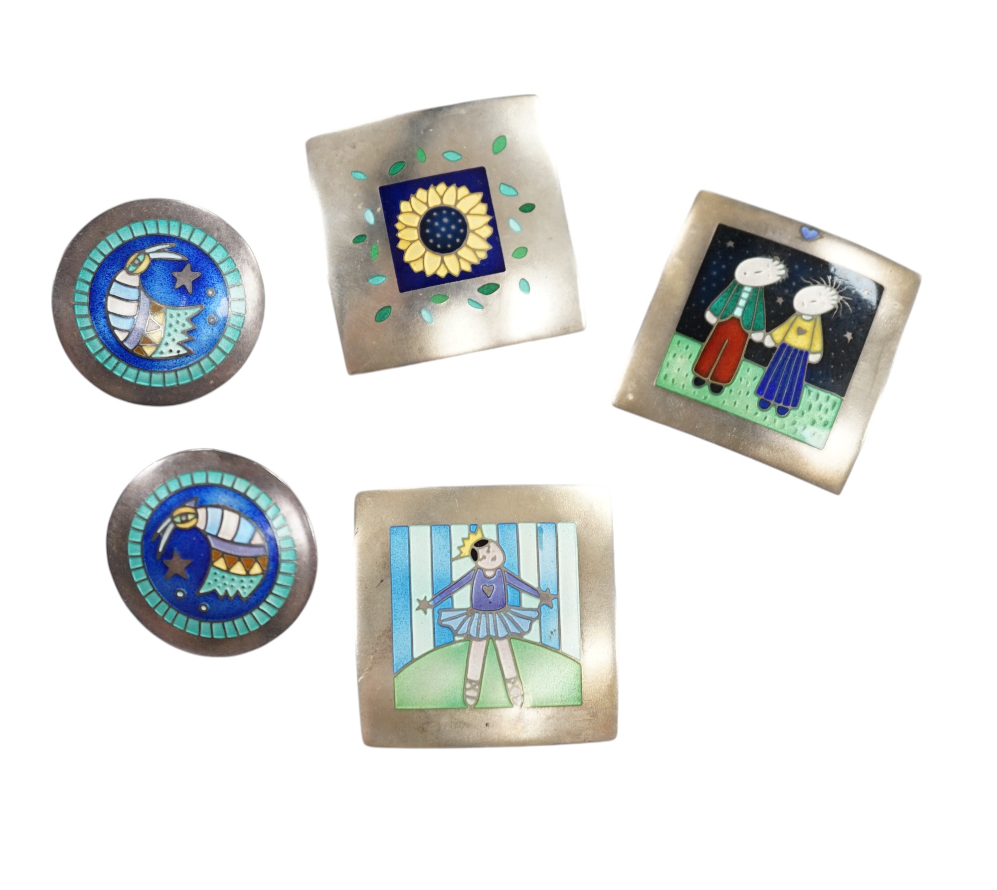 Two modern Jane Moore silver and enamel square brooches, 35mm and a similar Jane Moore pendant, together with a pair of similar earrings, maker JLB. Condition - fair